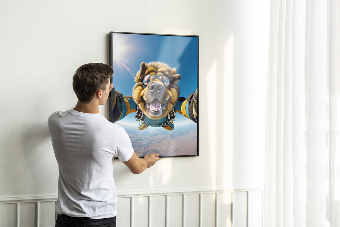 Tibetan Mastiff Skydiving Selfie with Goggles Over Mountain Landscape Poster - Image 2