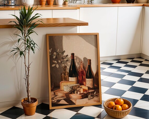 Wine Bottles And Cheese Board Still Life Vintage Kitchen Wall Poster