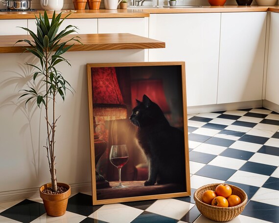 Black Cat Red Wine Glass Moody Lamp Painterly Portrait Wall Art
