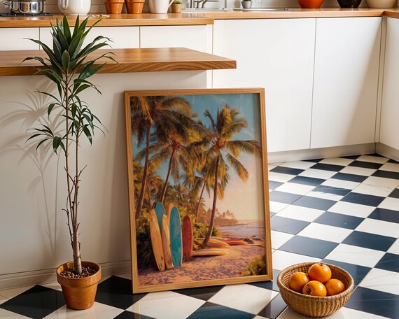 Tropical Surf Beach Sunset Palm Trees Retro Travel Poster Artwork