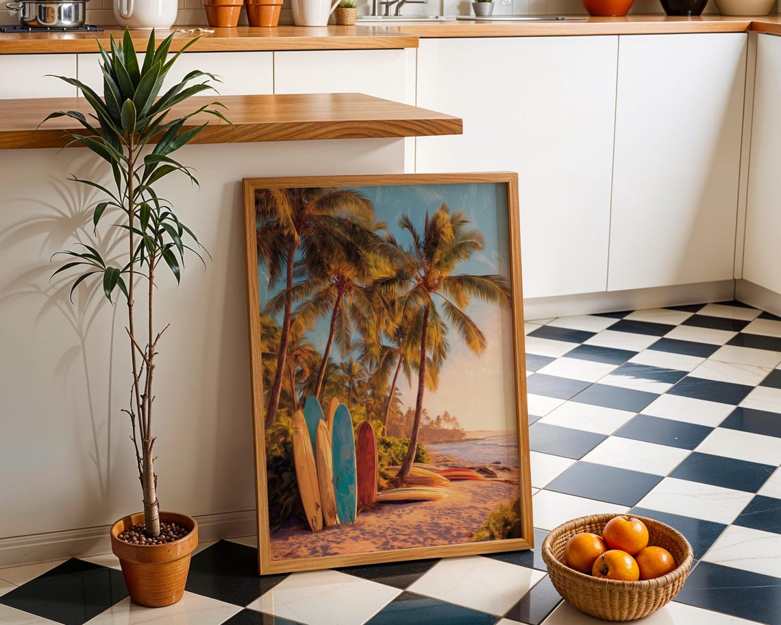 Tropical Surf Beach Sunset Palm Trees Retro Travel Poster Artwork