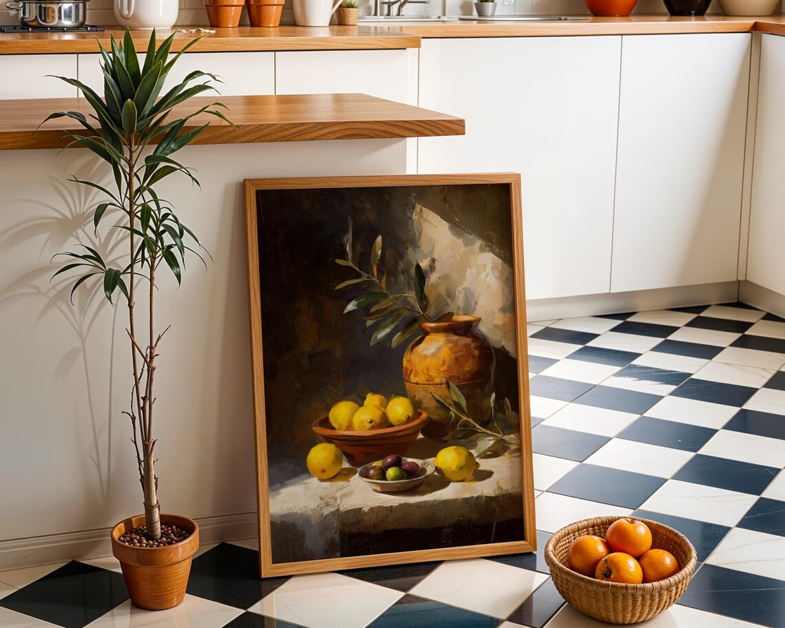Moody Lemon Still Life Vintage Kitchen Fruit Oil Painting Poster