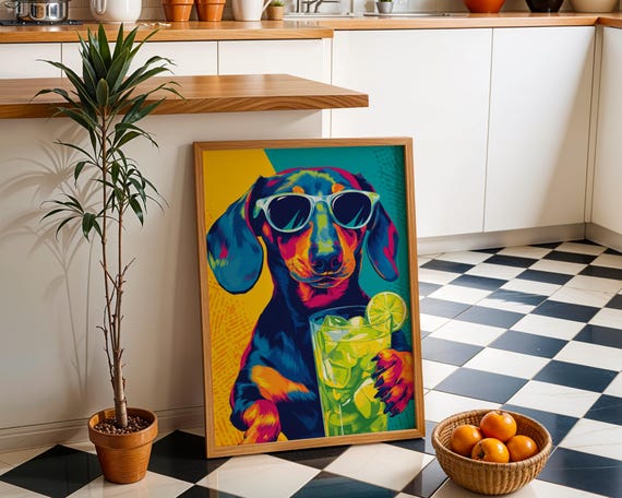 Dachshund Cocktail Art Print Sausage Dog Margarita Wall Colourful Illustration Fun Bar Dcor Lime Drink Artwork