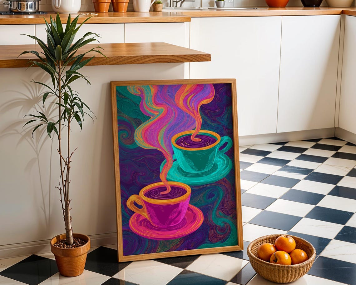 Neon Coffee Cups Psychedelic Colorful Modern Art Poster Kitchen Decor