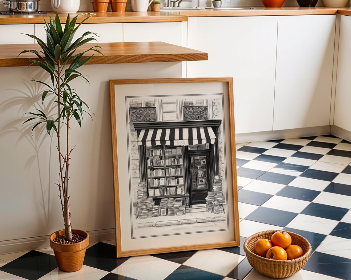 Vintage Bookshop Storefront Sketch With Striped Awning And Book Stacks Print