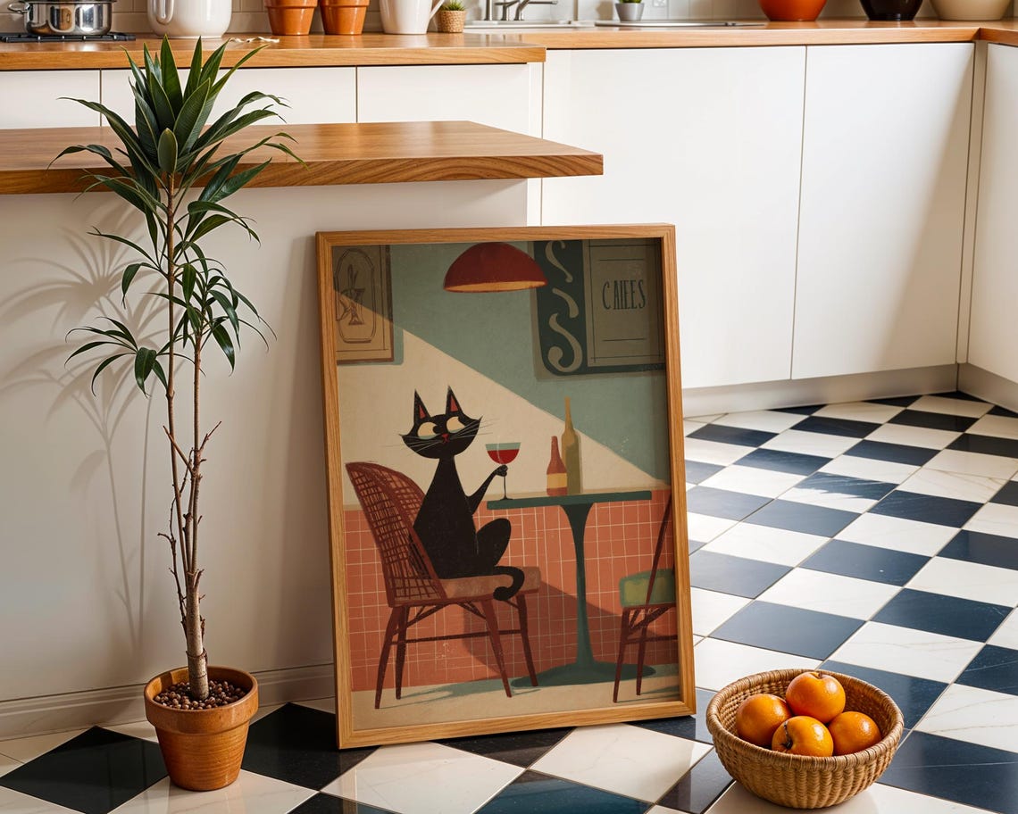 Retro Black Cat In Cafe Holding Wine Glass Midcentury Whimsical Poster