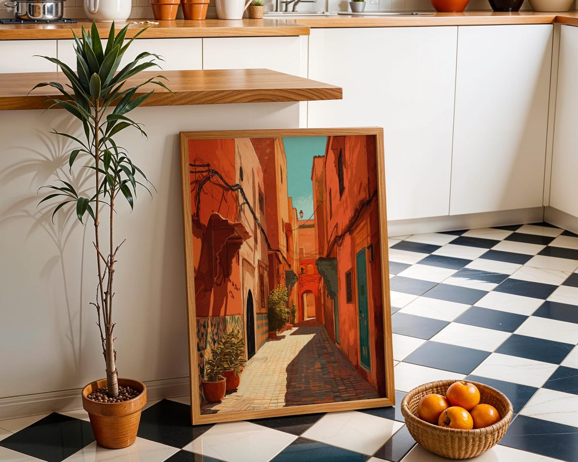 Sunlit Terracotta Narrow Old Town Alley Street Illustration Poster
