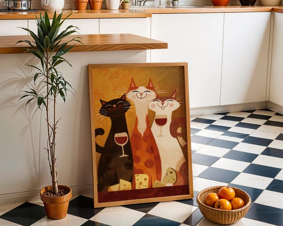 Mid Century Modern Cat Art Print Retro Cats Drinking Wine Poster Vintage Wall Colourful Abstract Feline Illustration