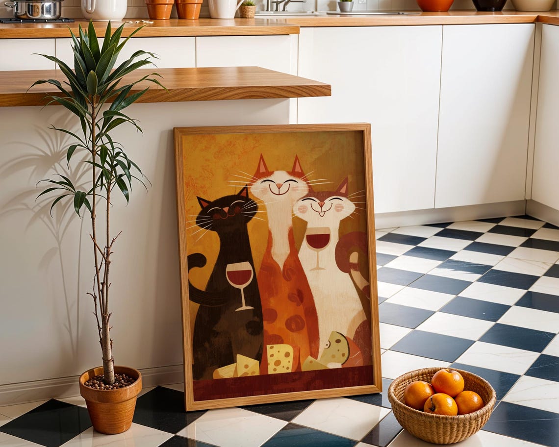 Mid Century Modern Cats With Wine Glasses Retro Kitchen Art Poster
