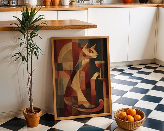Cubist Cat Art Print Geometric Midcentury Modern Wall Abstract With Wine Poster Retro Animal Illustration Sophisticated