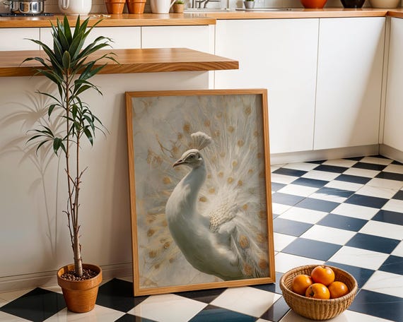 White Peacock Wall Art Neutral Boho Bird Print Elegant Nature Illustration Minimalist Botanical Dcor Modern Living Room Artwork