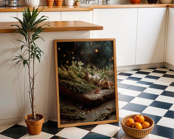 Rustic Rosemary Garlic Wooden Board Kitchen Still Life Poster