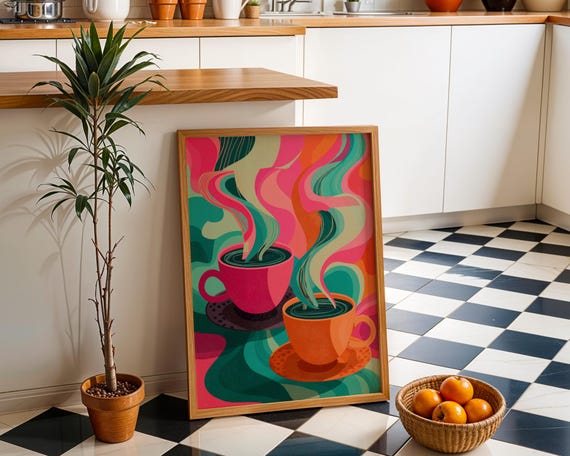 Neon Coffee Art Print Psychedelic Colorful Cup Poster Bold Modern Wall Decor