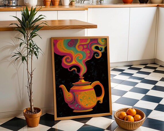 Neon Psychedelic Kettle Swirling Rainbow Steam Pop Kitchen Poster
