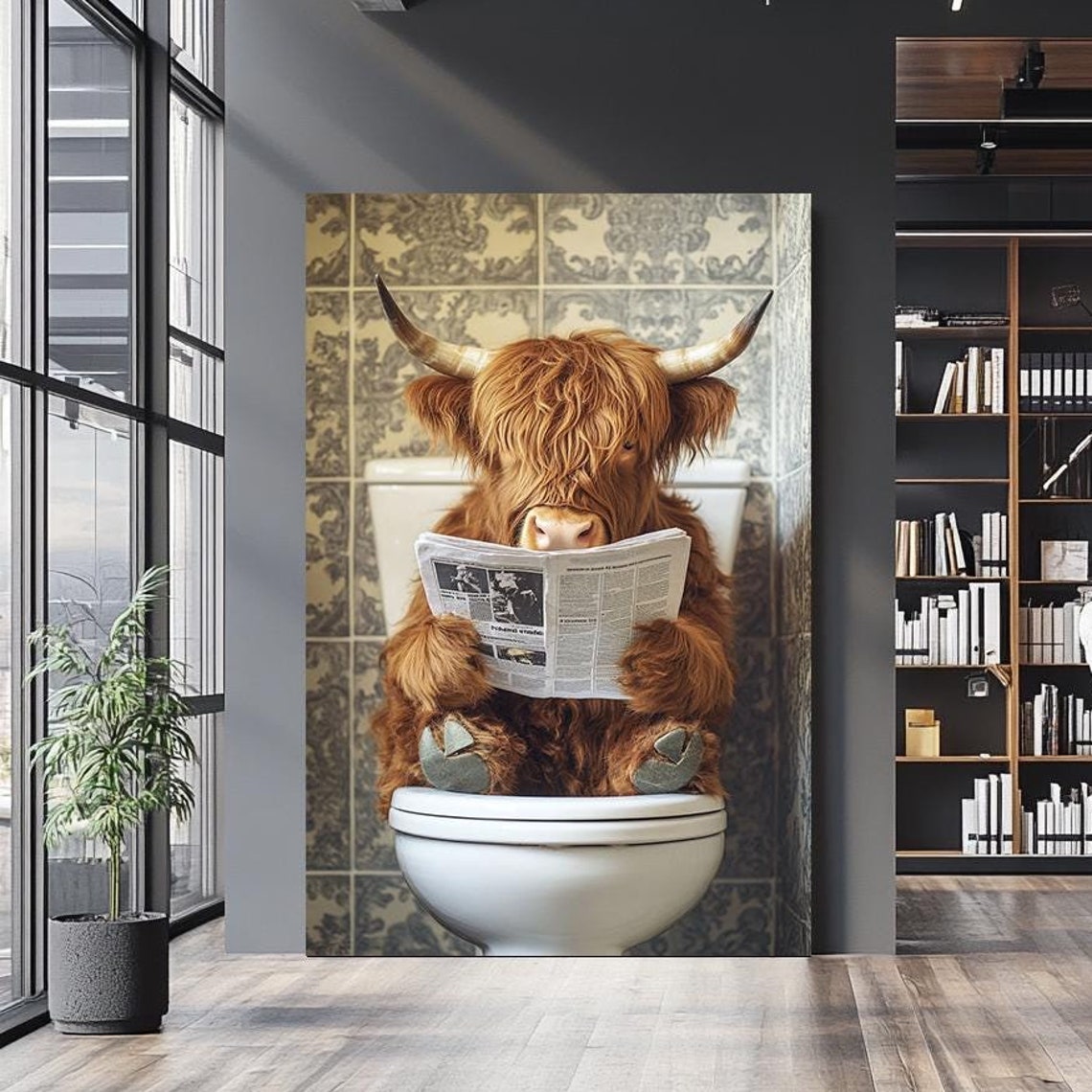 Funny Highland Cow Sitting On Toilet Reading Newspaper Bathroom Poster