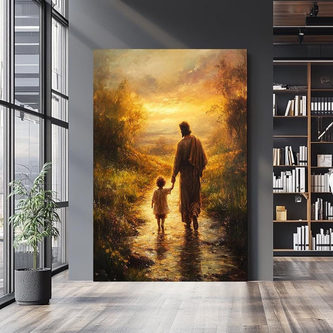 Jesus Walking Hand In Hand With Small Child On Golden Path Poster