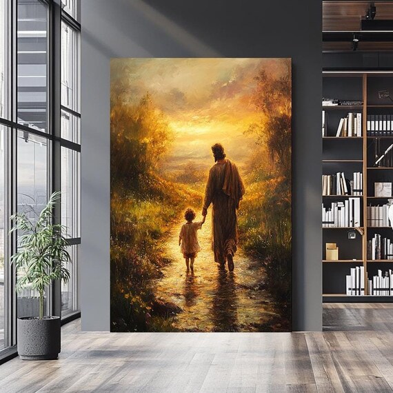Jesus Walking Hand In Hand With Small Child On Golden Path Poster