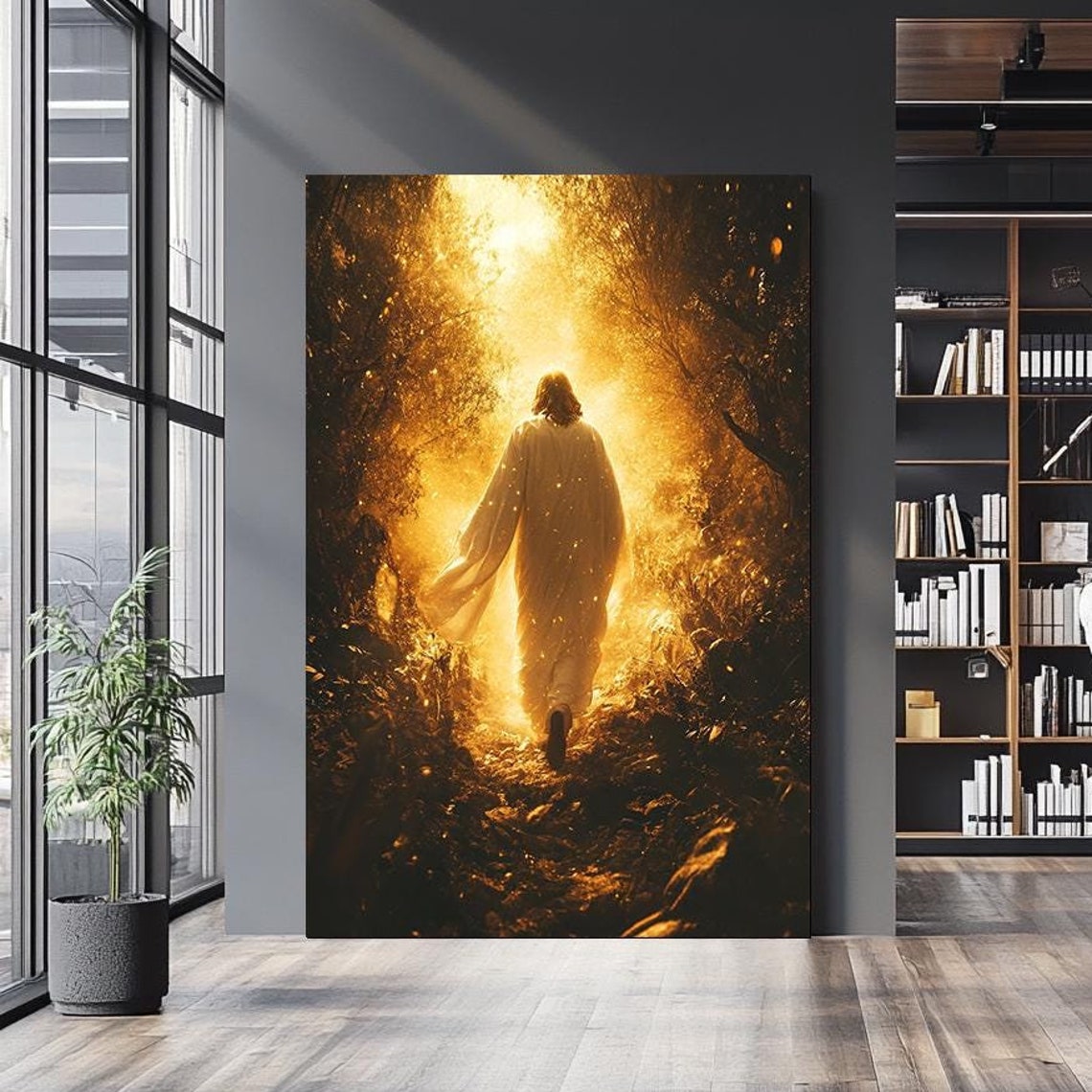 Jesus Walking Toward Golden Radiant Light In Dark Forest Path Poster