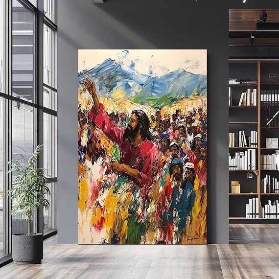 Jesus Preaching To The Crowd Colorful Impasto Mountain Sermon Poster