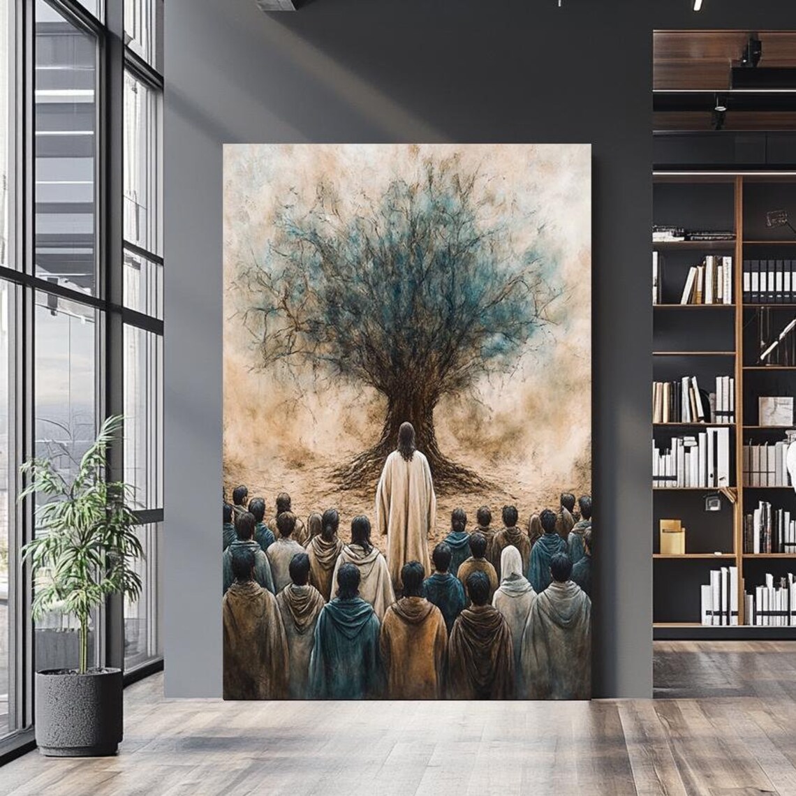 Jesus Teaching Followers Beneath Large Olive Tree Muted Watercolor Print