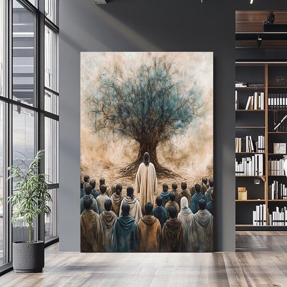 Jesus Teaching Followers Beneath Large Olive Tree Muted Watercolor Print