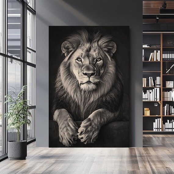 Black And White Lion Portrait Paws Resting Dark Majestic Wall Art