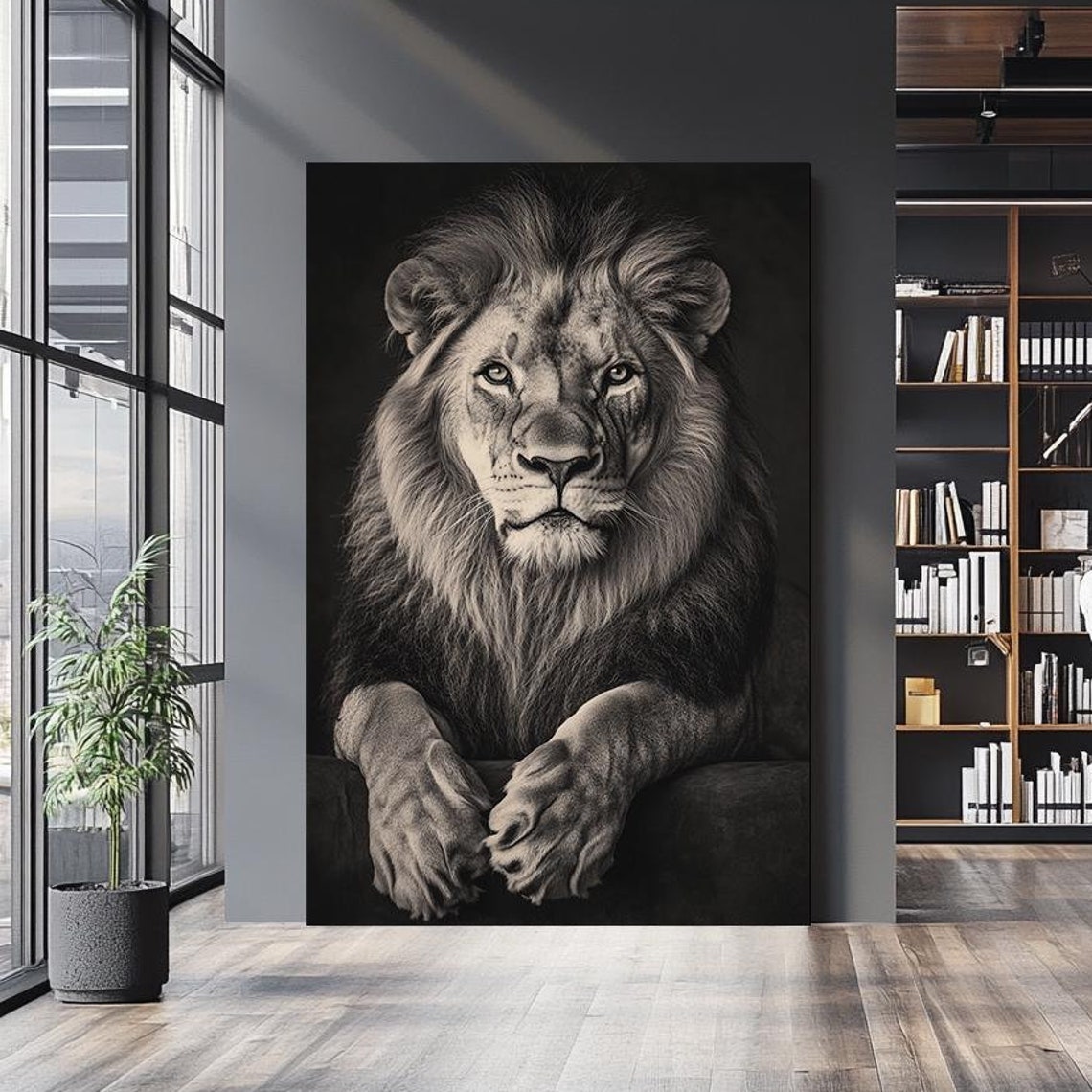 Black And White Lion Portrait Paws Resting Dark Majestic Wall Art