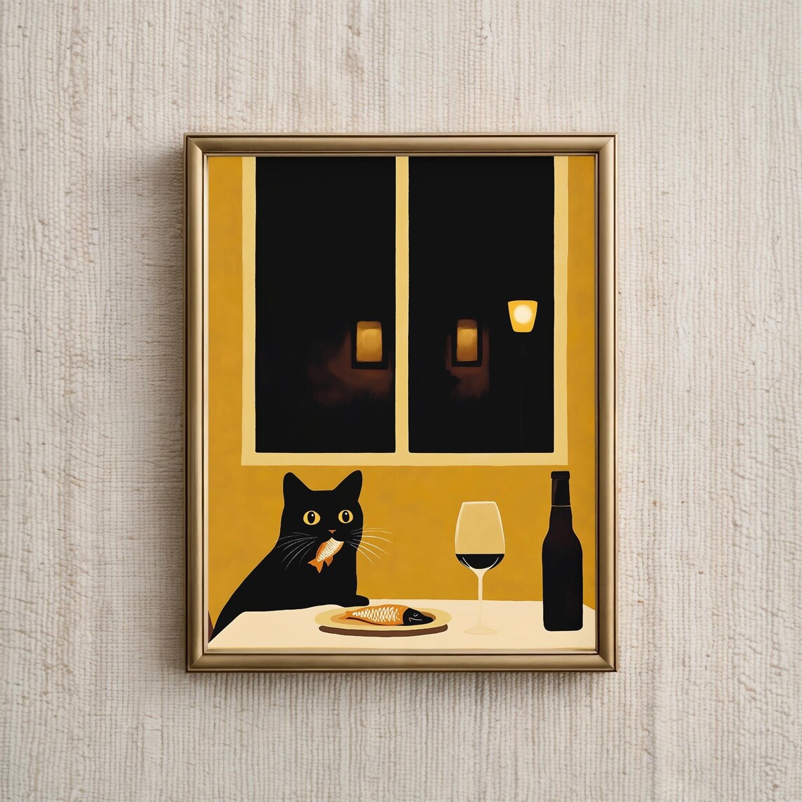 Black Cat Eating Cute Cat Portrait, Kitchen Decor