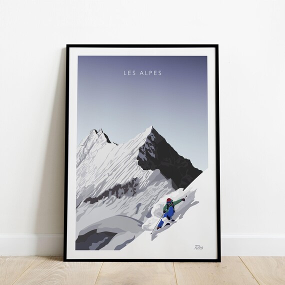 Les Alpes Downhill Skier Carving Fresh Snow Vintage Travel Poster