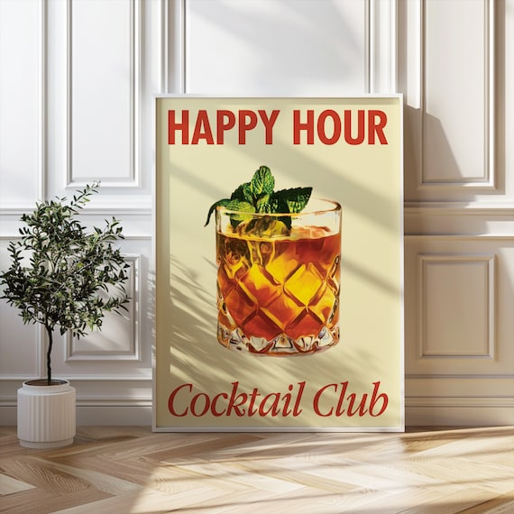 Happy Hour Cocktail Club Retro Whiskey Drink Bar Decor Poster