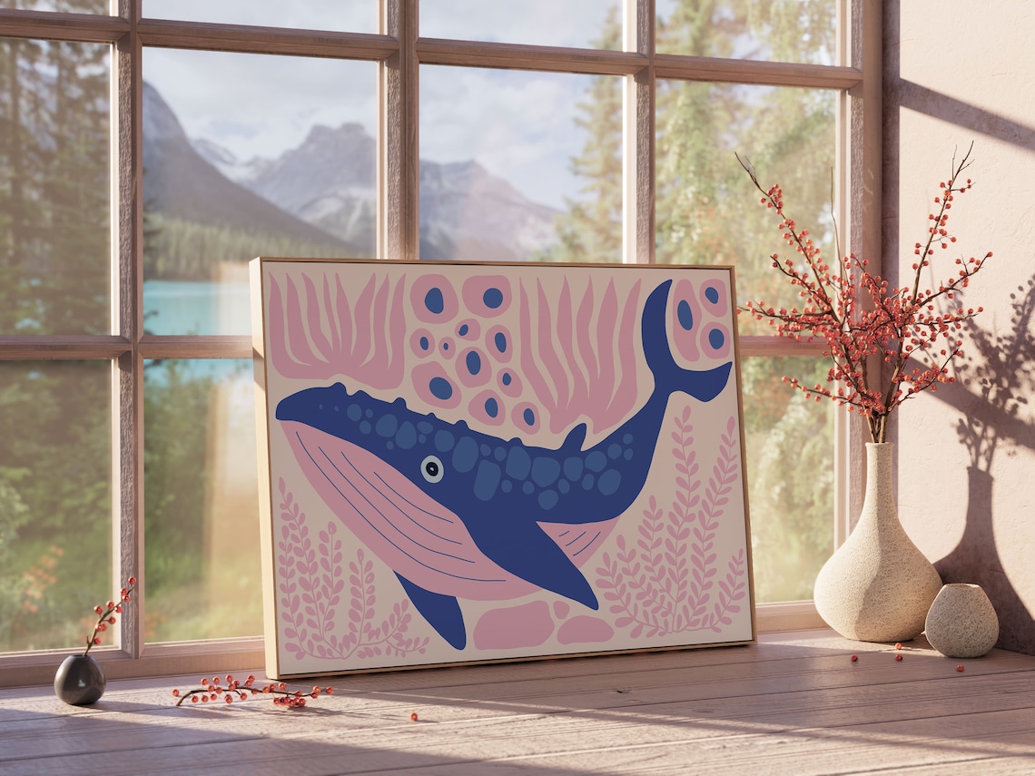 Blue Whale Pink Seaweed Horizontal Kids Ocean Animal Nursery Poster - Image 2