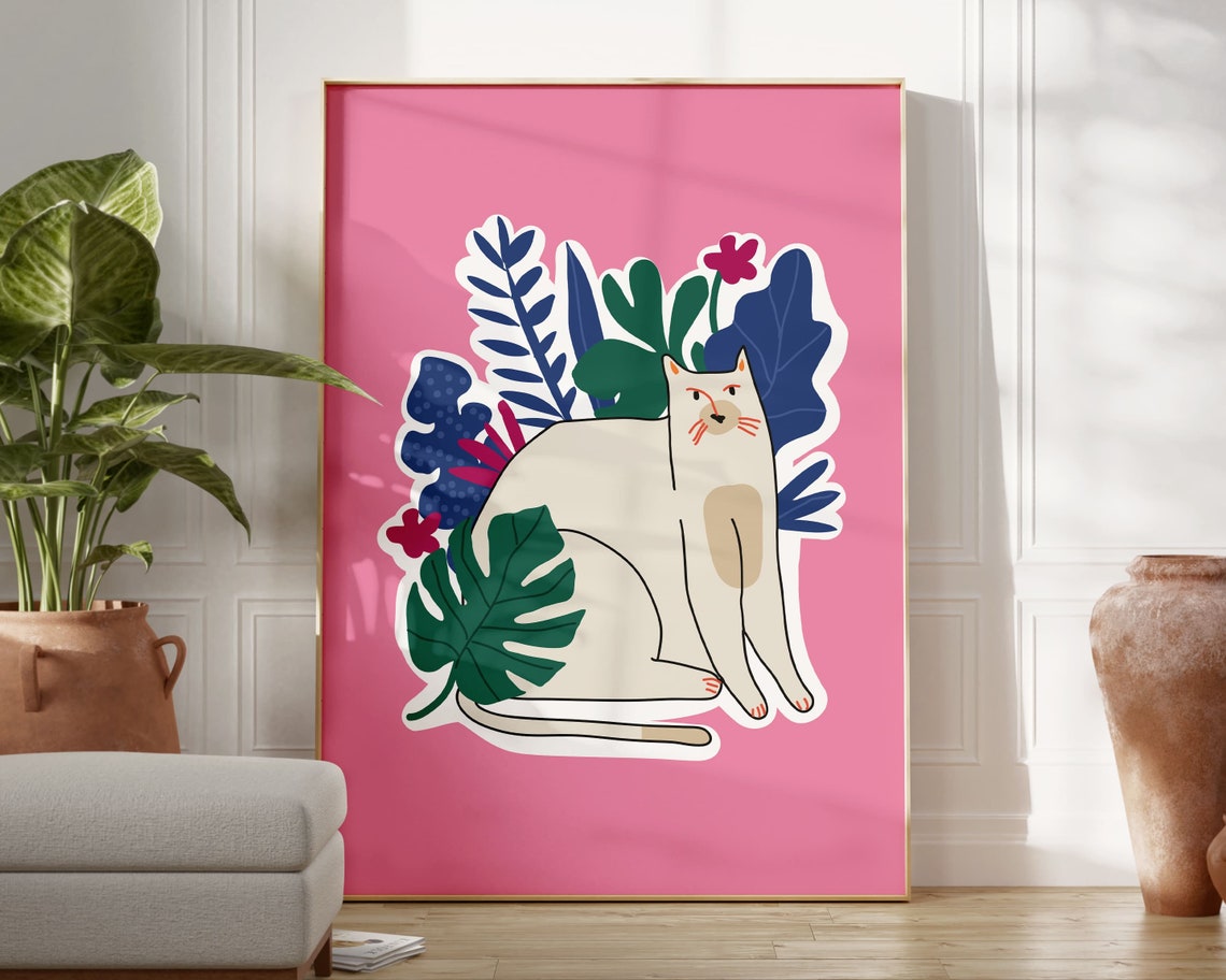Playful Cat with Tropical Leaves Pink Modern Illustration Cat Poster - Image 2
