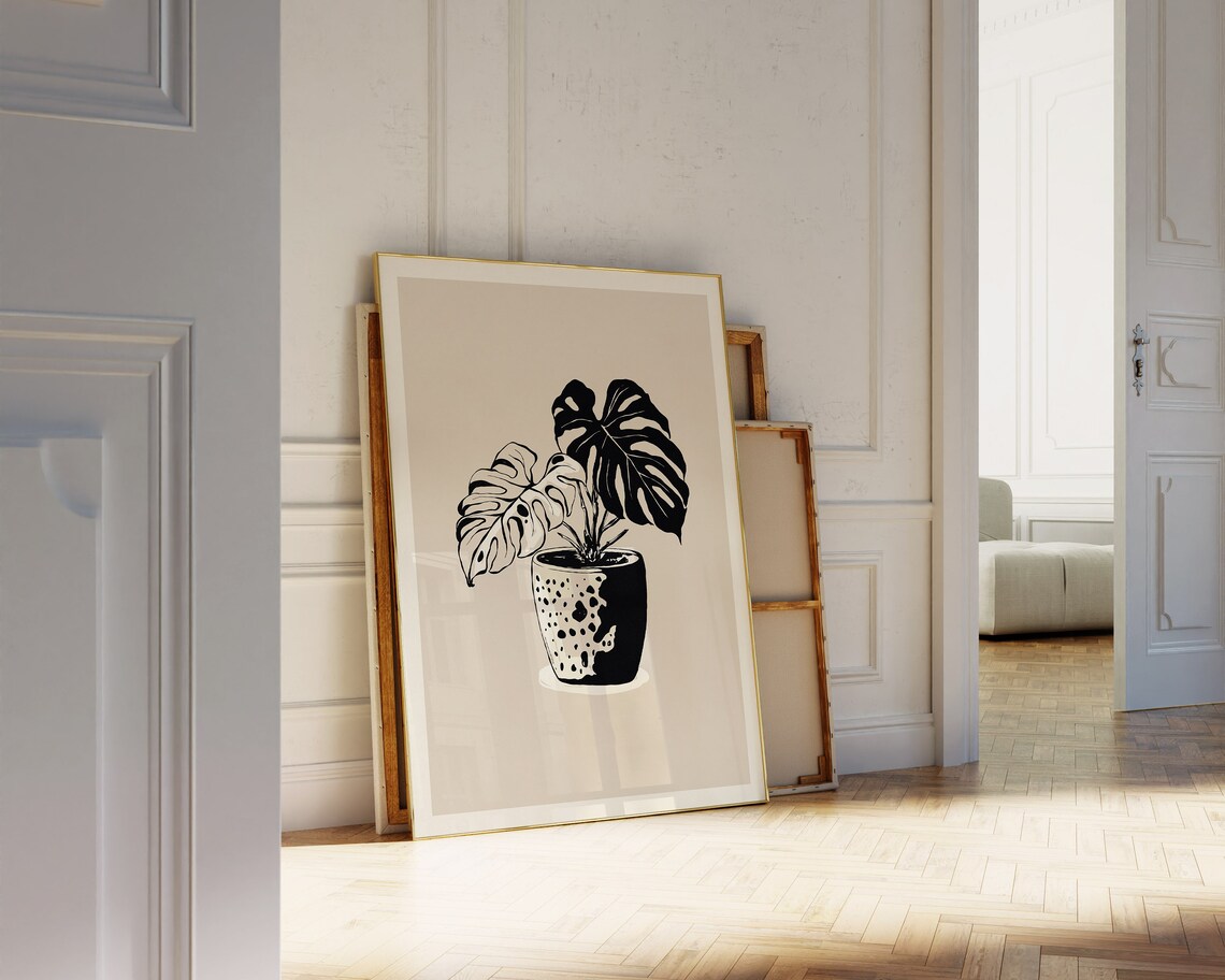 Monstera Plant in Spotted Pot Black and White Botanical Poster