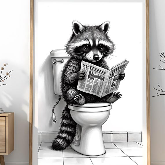 Funny Raccoon Bathroom Print Newspaper Toilet Art
