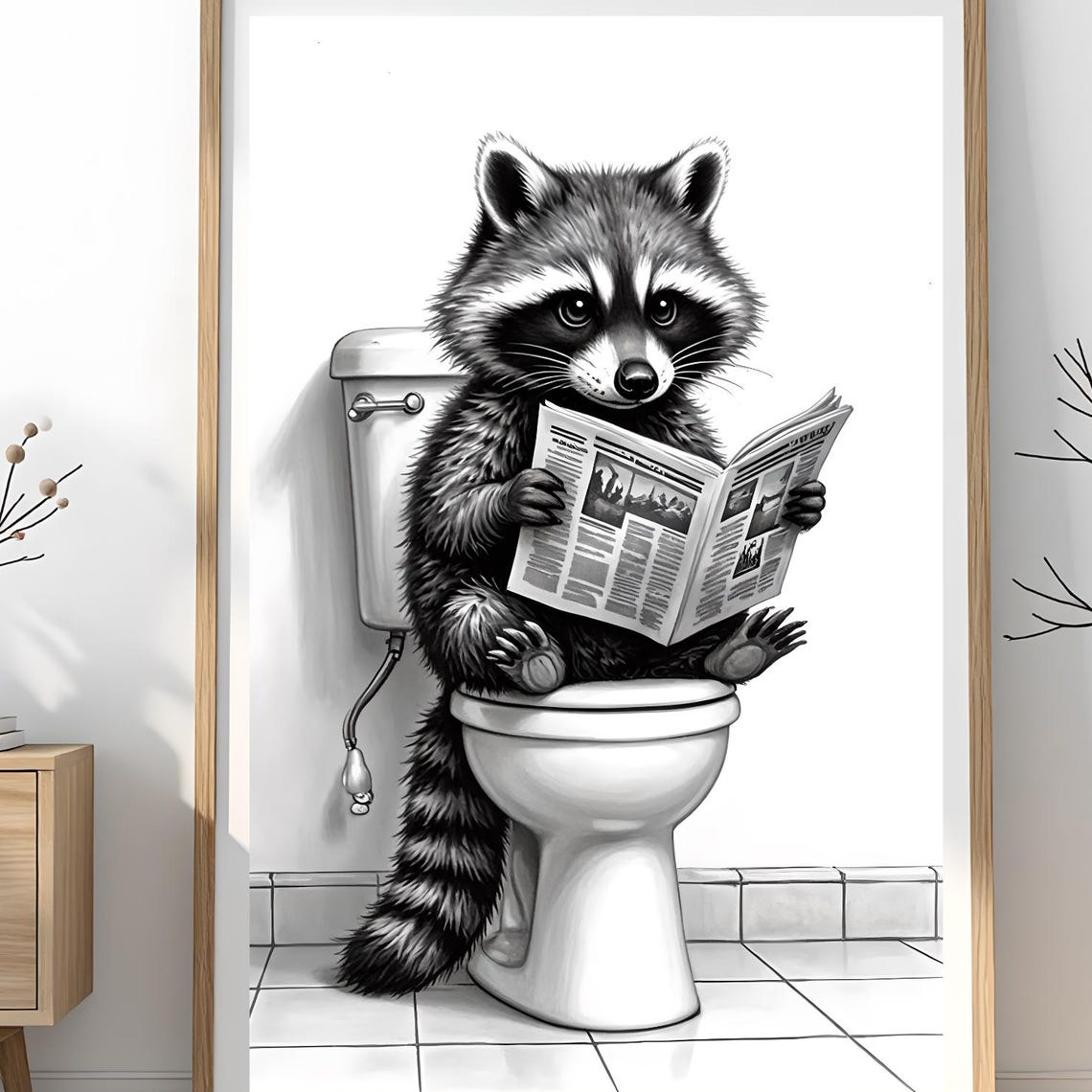 Funny Raccoon Bathroom Print Newspaper Toilet Art