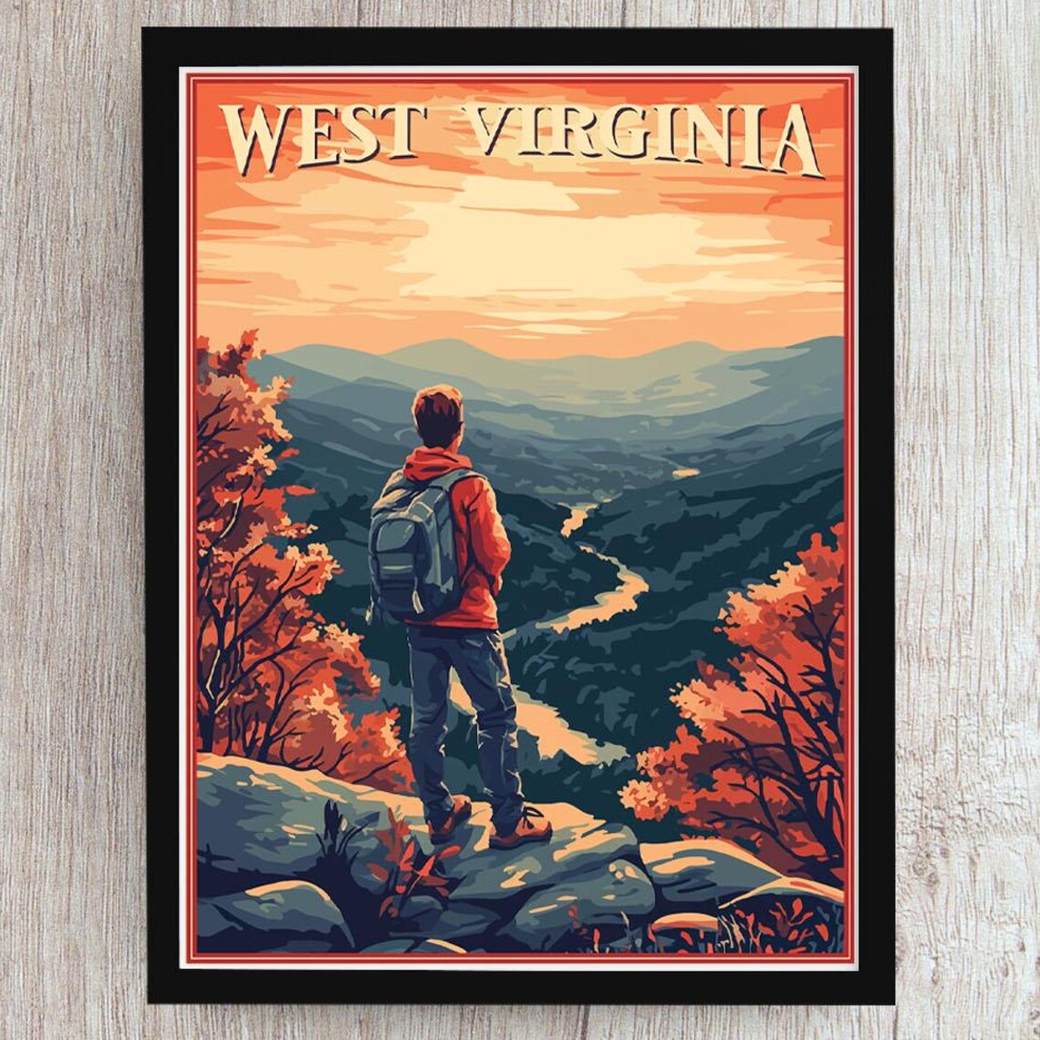 West Virginia Hiker Mountain Overlook Autumn Sunset Travel Poster