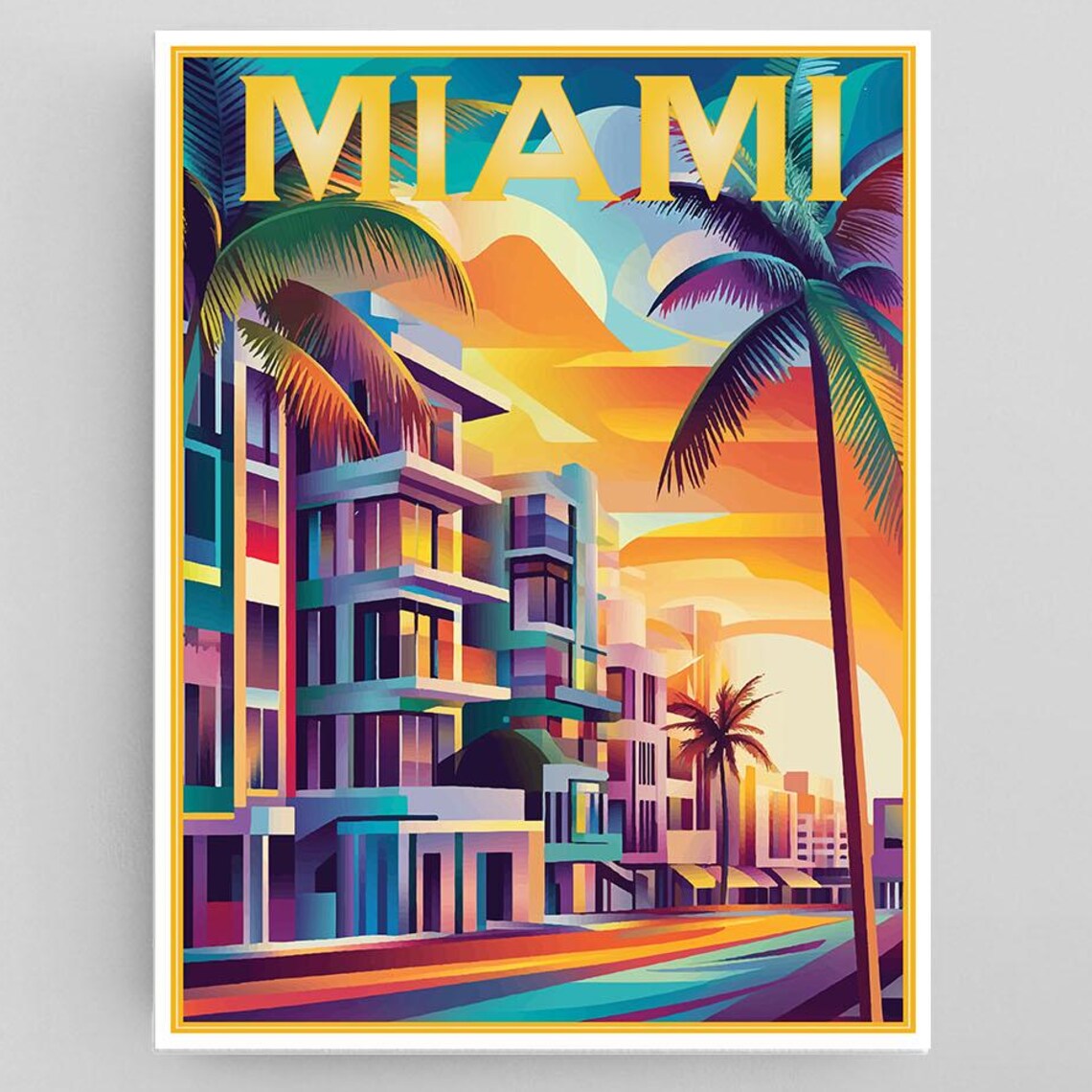 Miami Art Deco Hotel Palm Tree Sunset Vintage Beach Travel Poster