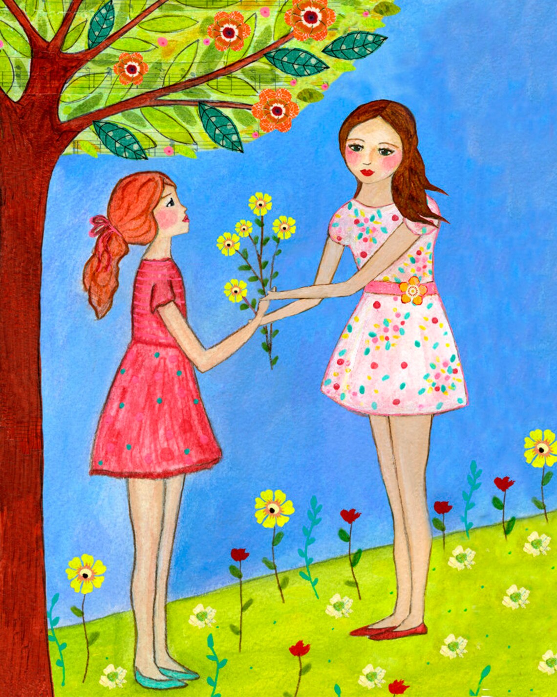 Two Girls Sharing a Yellow Flower Bouquet Nursery Art Poster