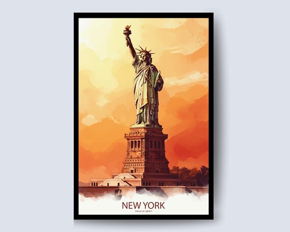 New York Statue Of Liberty Bold Sunset Orange Skyline Art Poster