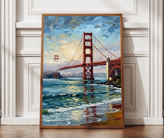 Golden Gate Bridge Landscape Oil Painting Textured Style Print Art San Francisco Travel Poster Home Office