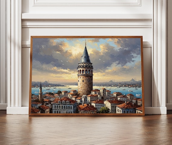 Galata Tower Istanbul Sunset Textured Oil Painting Art Poster