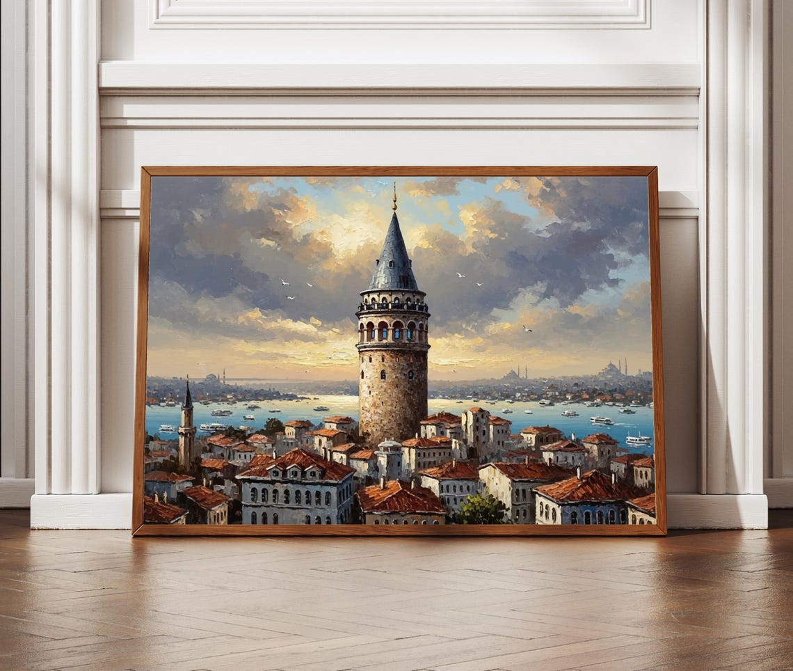 Galata Tower Istanbul Sunset Textured Oil Painting Art Poster