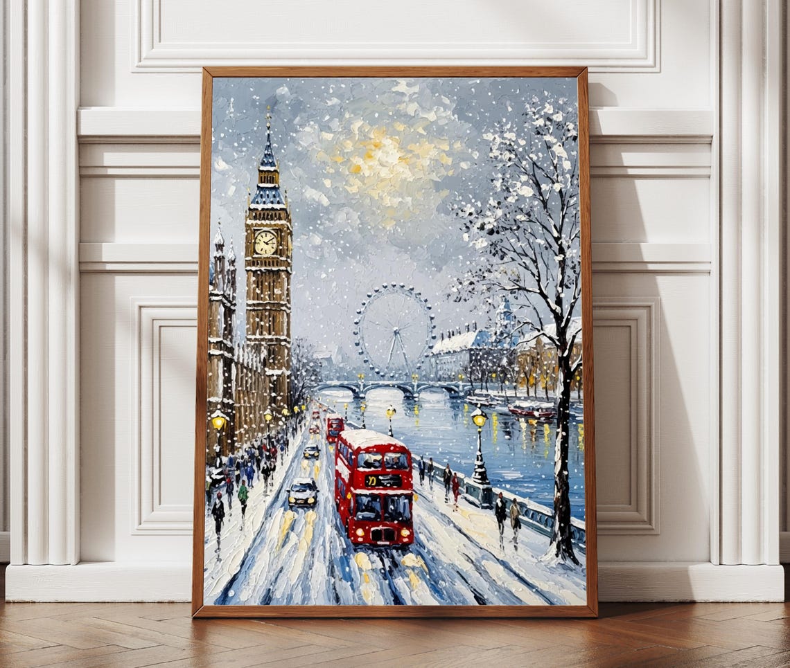 Snowy London Big Ben Red Bus Impasto Winter Cityscape Poster