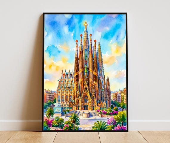 La Sagrada Familia Poster Barcelona Wall Art Watercolor Print Gaudi Architecture Spain Travel Gift Basilica Decor