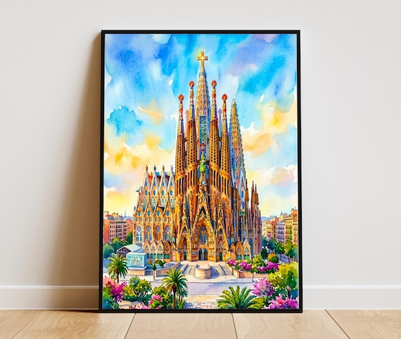 Sagrada Familia Watercolor Barcelona Cathedral Spain Travel Art Poster