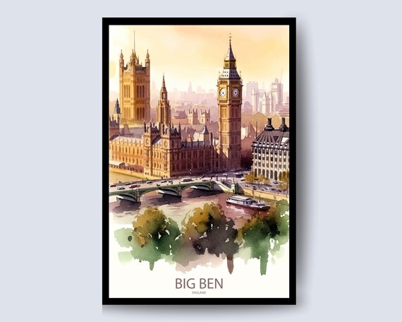 Big Ben Watercolor Sunset Westminster London England Travel Poster