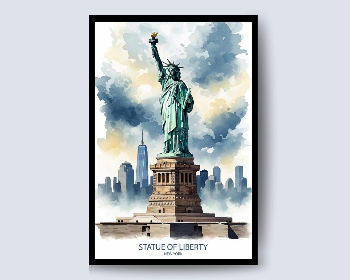 Statue Of Liberty New York Skyline Watercolor Harbor Art Poster