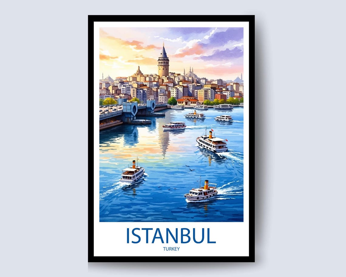 Istanbul Turkey Galata Bridge Ferries Bosphorus Harbor Travel Poster