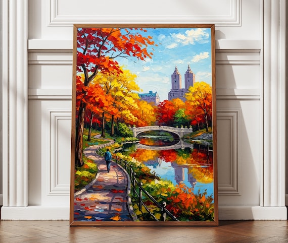 Central Park Autumn Foliage Stone Bridge Path Vibrant Fall Colors Art Poster