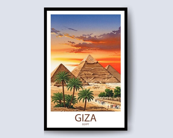 Giza Egypt Pyramids Fiery Sunset Palm Trees Desert Travel Poster